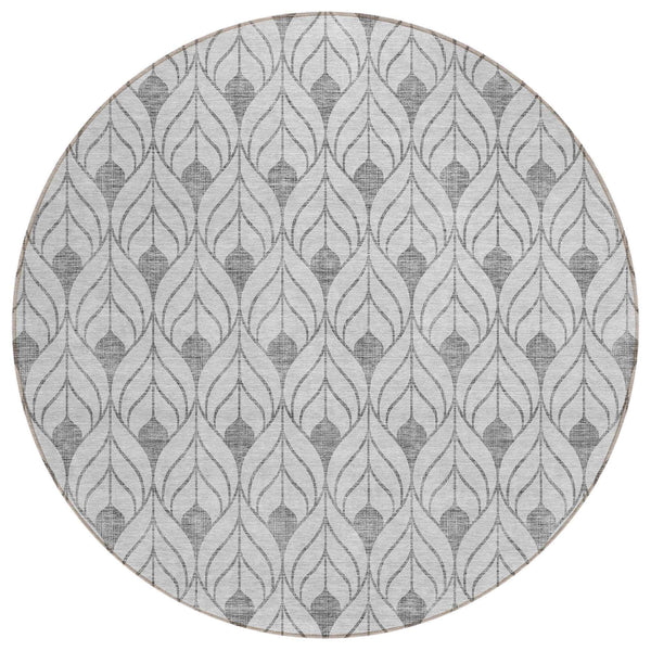 8' Silver And Gray Round Geometric Washable Indoor Outdoor Area Rug