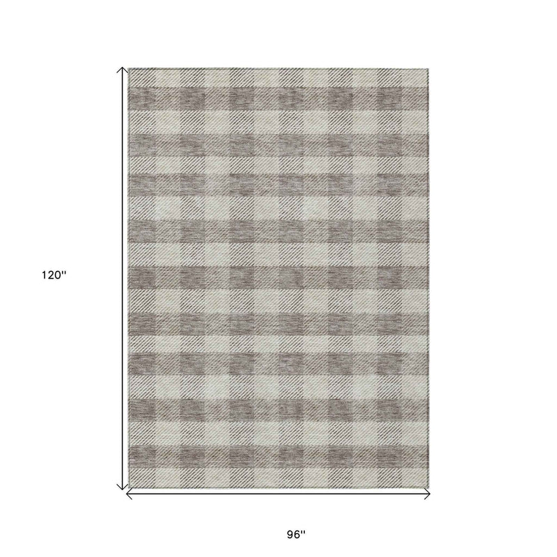 8' X 10' Taupe And Gray Plaid Washable Indoor Outdoor Area Rug