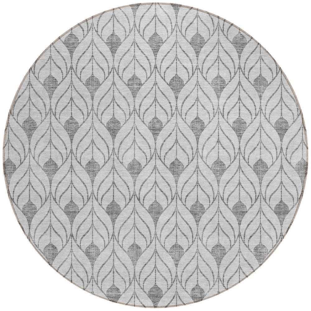 8' Silver And Gray Round Geometric Washable Indoor Outdoor Area Rug