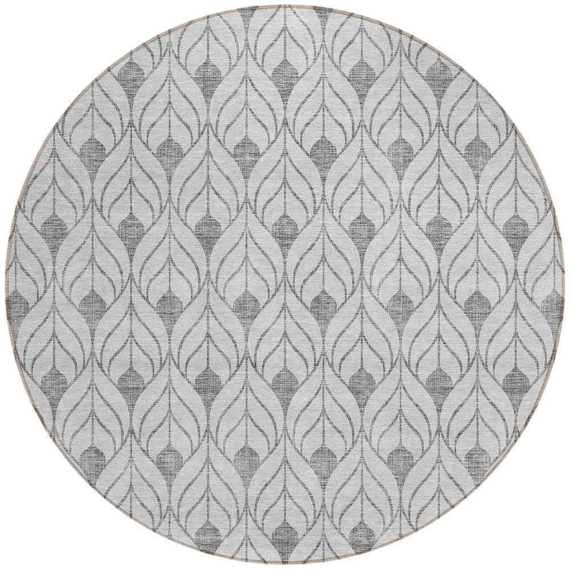 8' Silver And Gray Round Geometric Washable Indoor Outdoor Area Rug