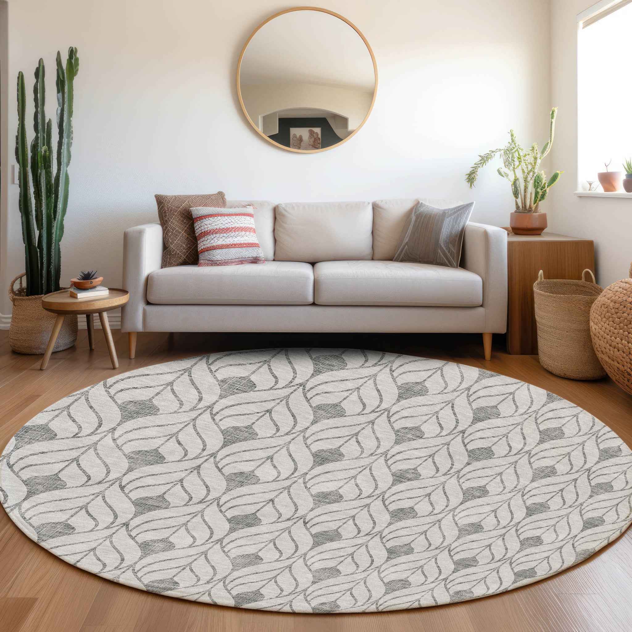 8' Silver And Gray Round Geometric Washable Indoor Outdoor Area Rug