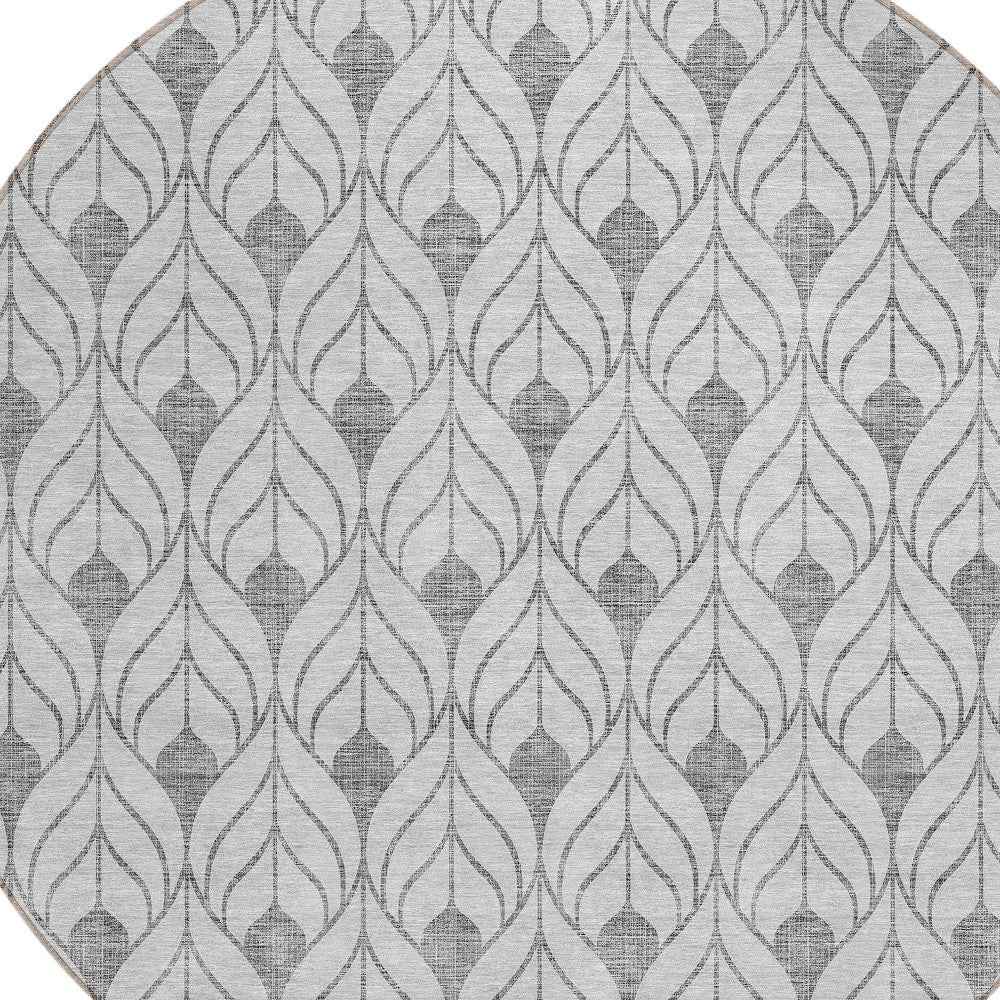 8' Silver And Gray Round Geometric Washable Indoor Outdoor Area Rug