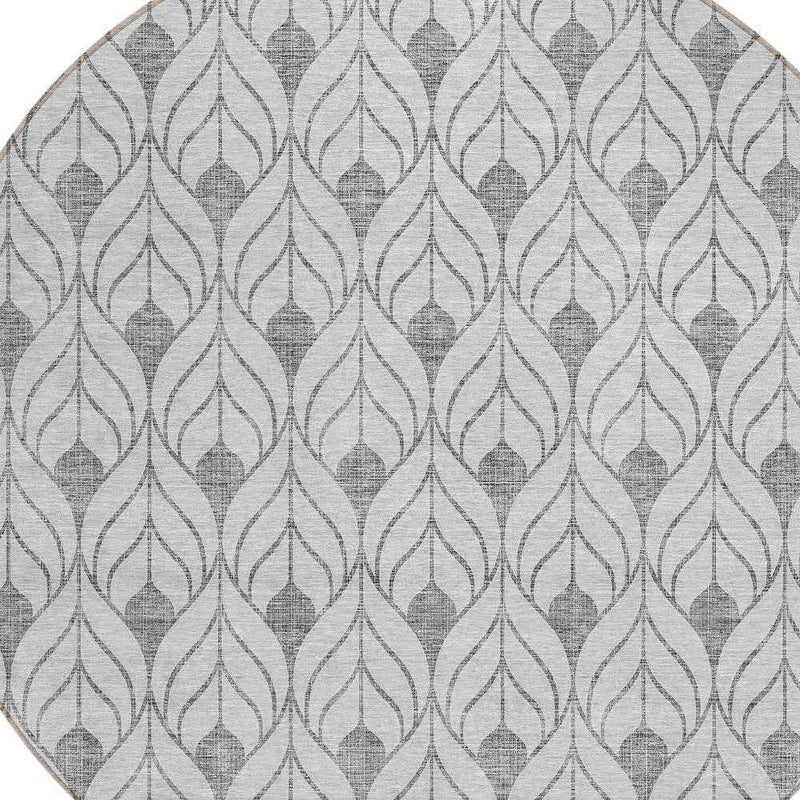 8' Silver And Gray Round Geometric Washable Indoor Outdoor Area Rug