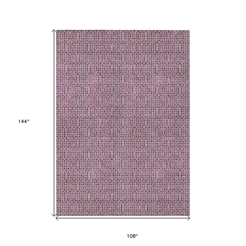 9' X 12' Eggplant And Ivory Geometric Washable Indoor Outdoor Area Rug