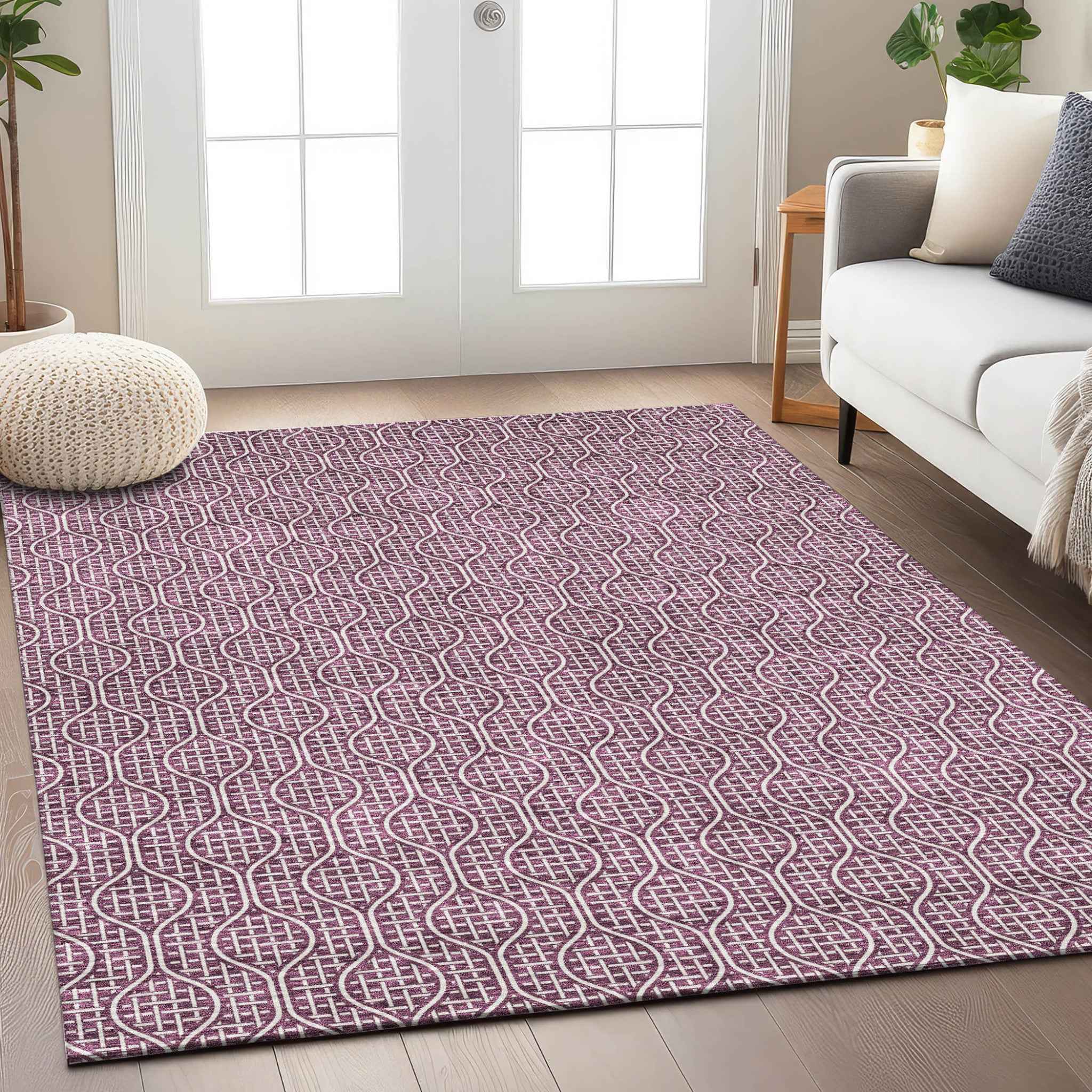 9' X 12' Eggplant And Ivory Geometric Washable Indoor Outdoor Area Rug
