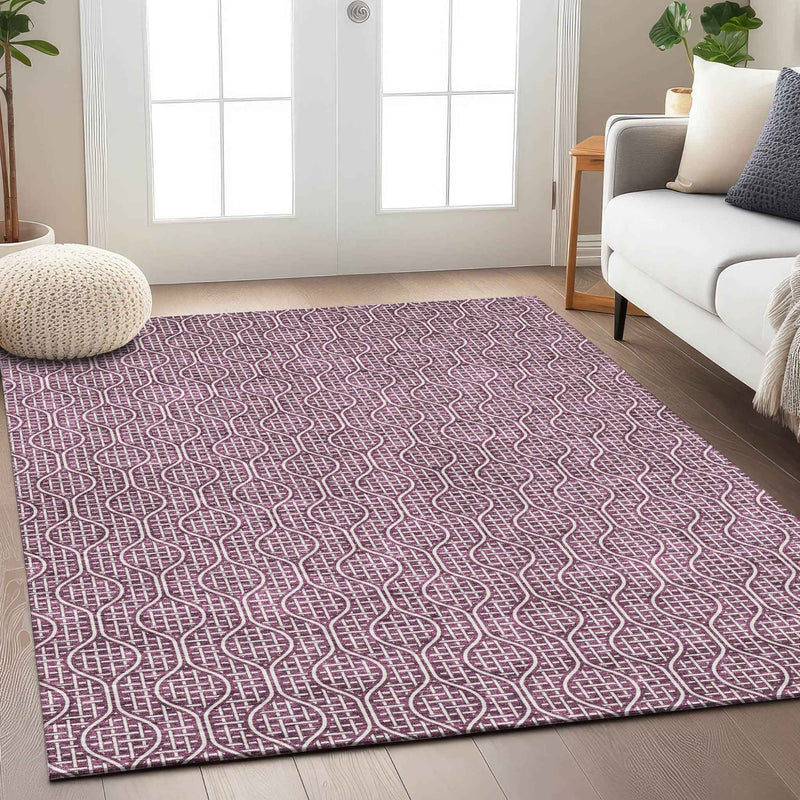 9' X 12' Eggplant And Ivory Geometric Washable Indoor Outdoor Area Rug