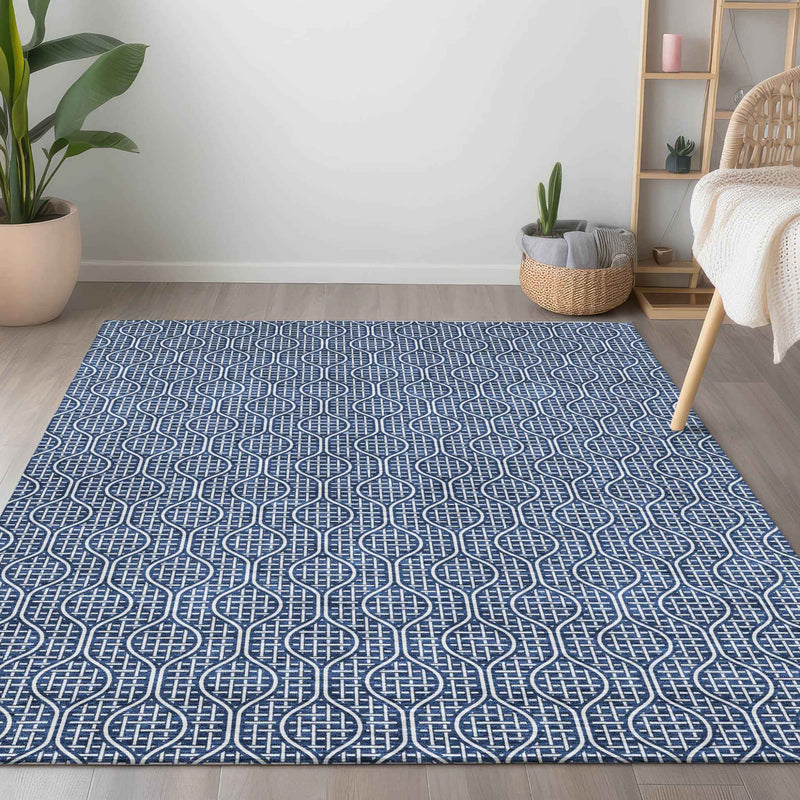 9' X 12' Navy Blue And Ivory Geometric Washable Indoor Outdoor Area Rug