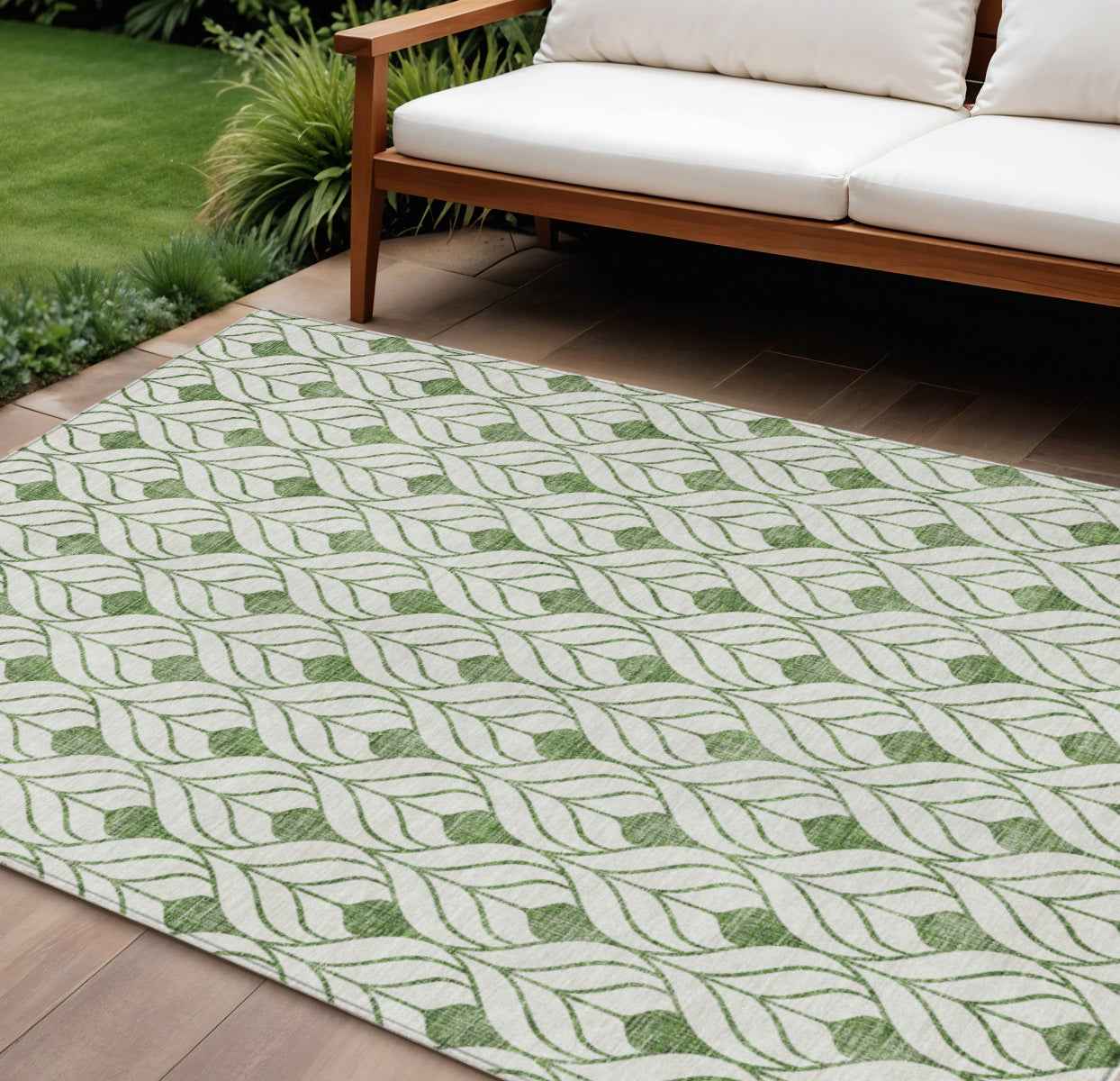 9' X 12' Green And Ivory Geometric Washable Indoor Outdoor Area Rug