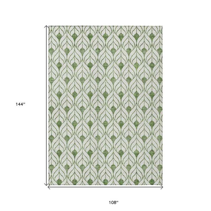 9' X 12' Green And Ivory Geometric Washable Indoor Outdoor Area Rug