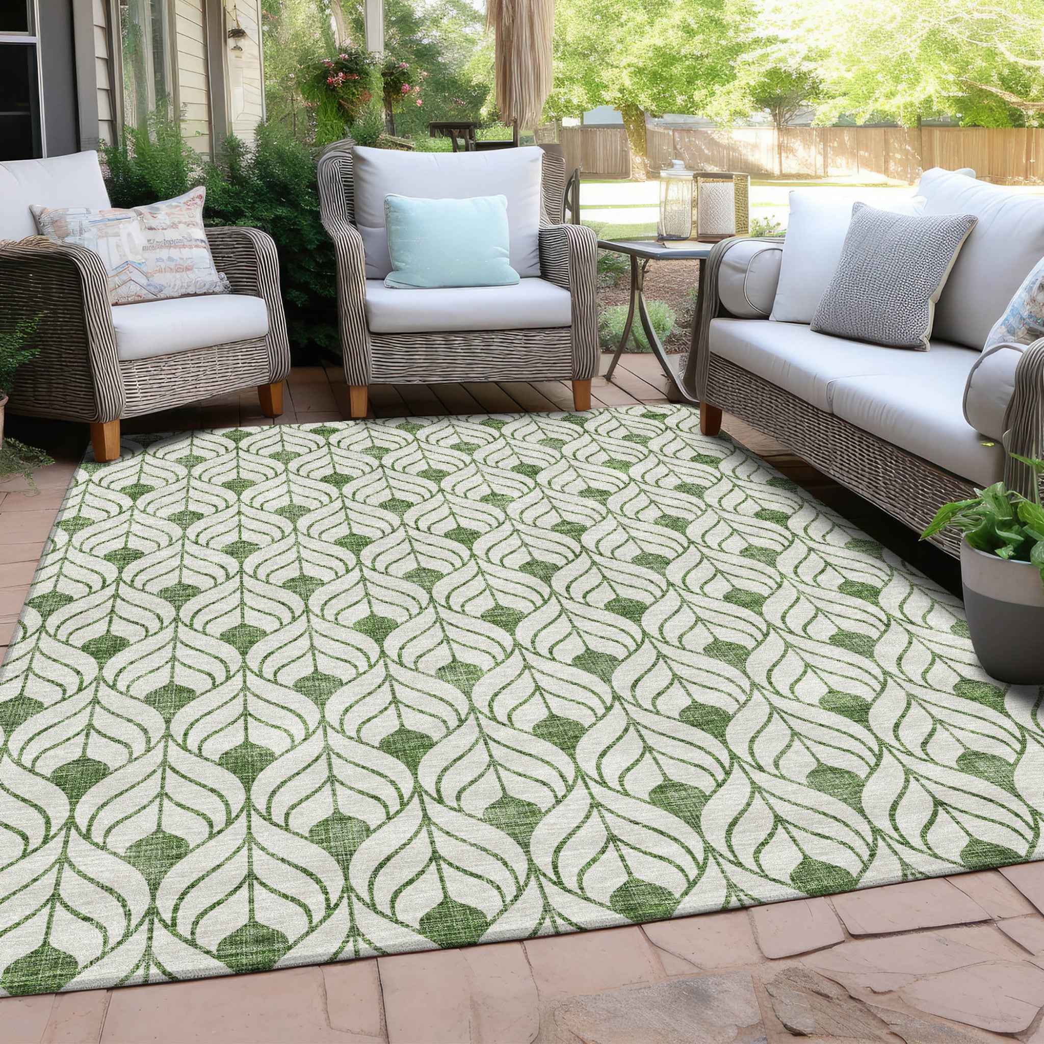 9' X 12' Green And Ivory Geometric Washable Indoor Outdoor Area Rug