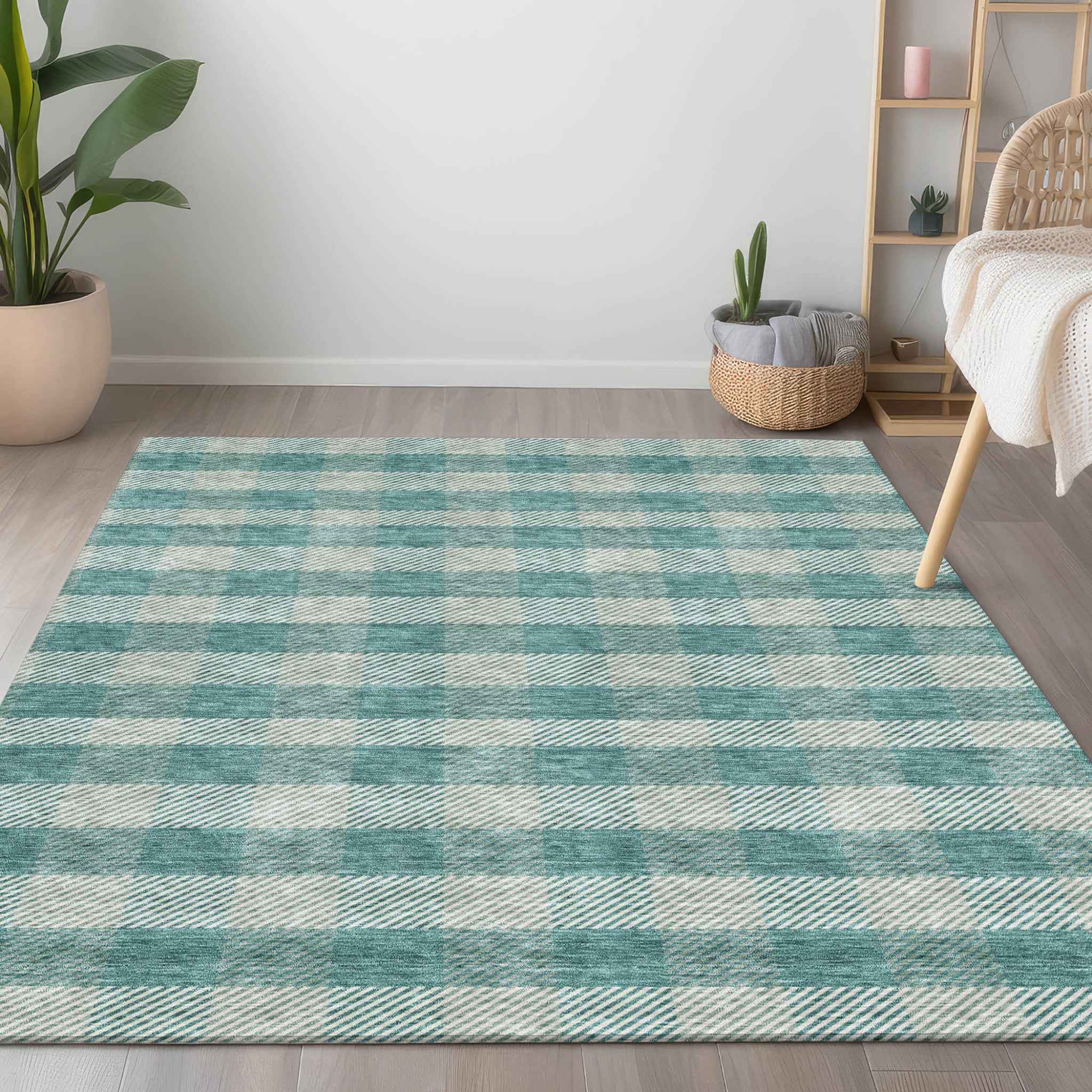 9' X 12' Teal Blue And Ivory Plaid Washable Indoor Outdoor Area Rug