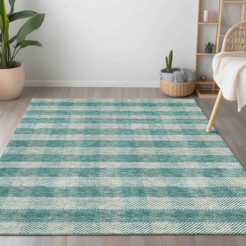 9' X 12' Teal Blue And Ivory Plaid Washable Indoor Outdoor Area Rug