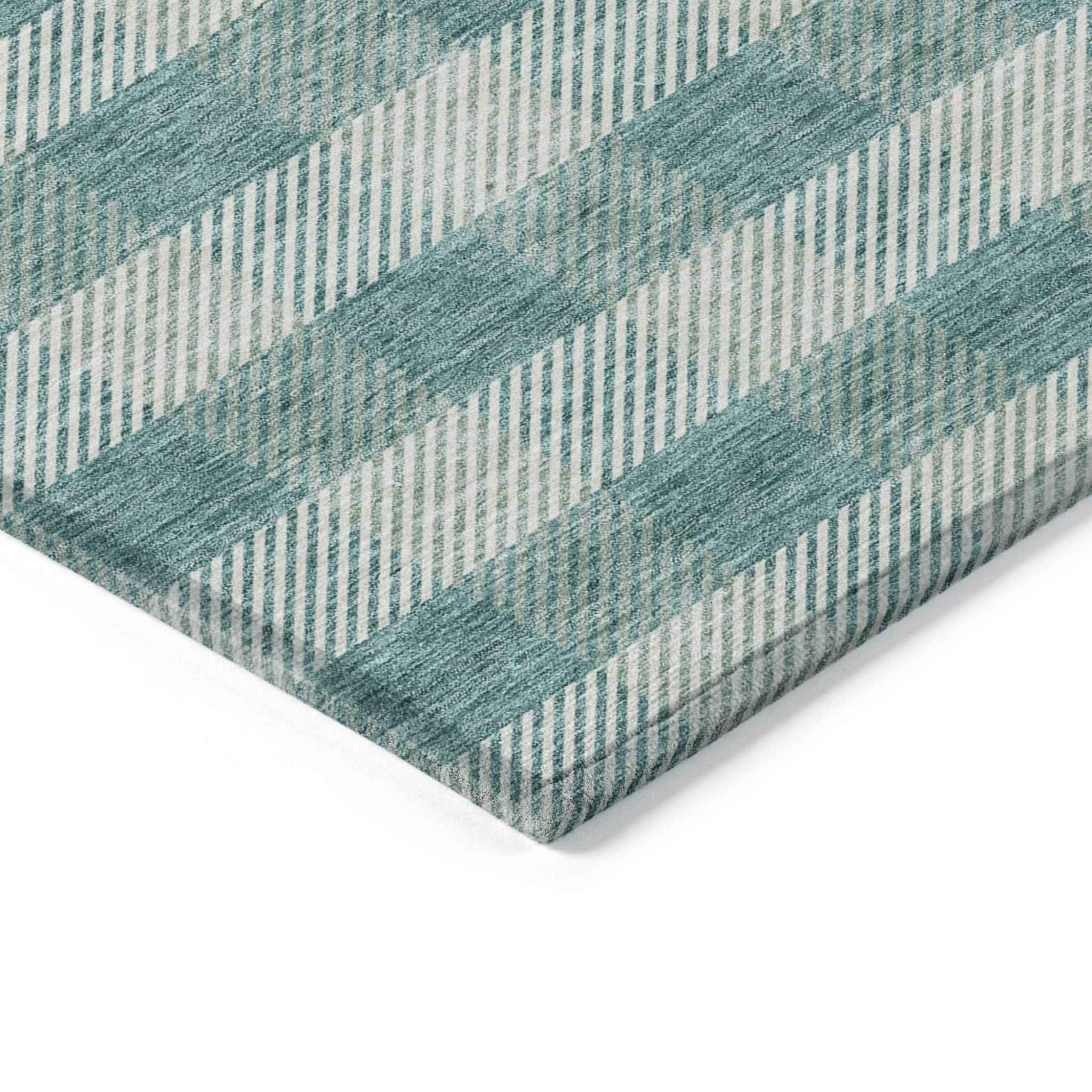 9' X 12' Teal Blue And Ivory Plaid Washable Indoor Outdoor Area Rug