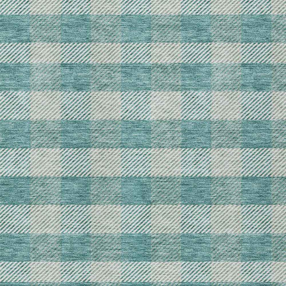 9' X 12' Teal Blue And Ivory Plaid Washable Indoor Outdoor Area Rug