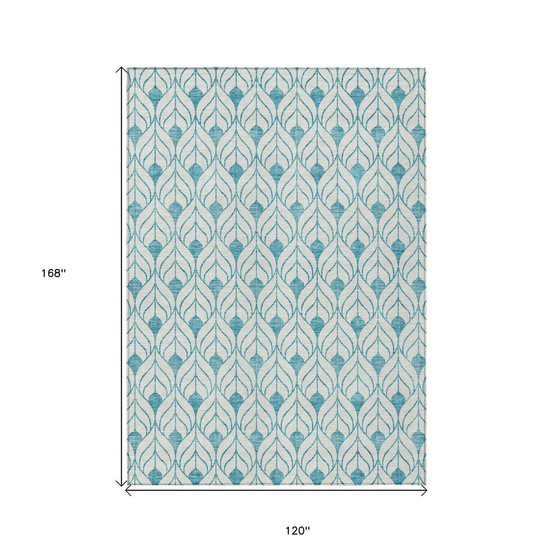 10' X 14' Teal Blue And Ivory Geometric Washable Indoor Outdoor Area Rug