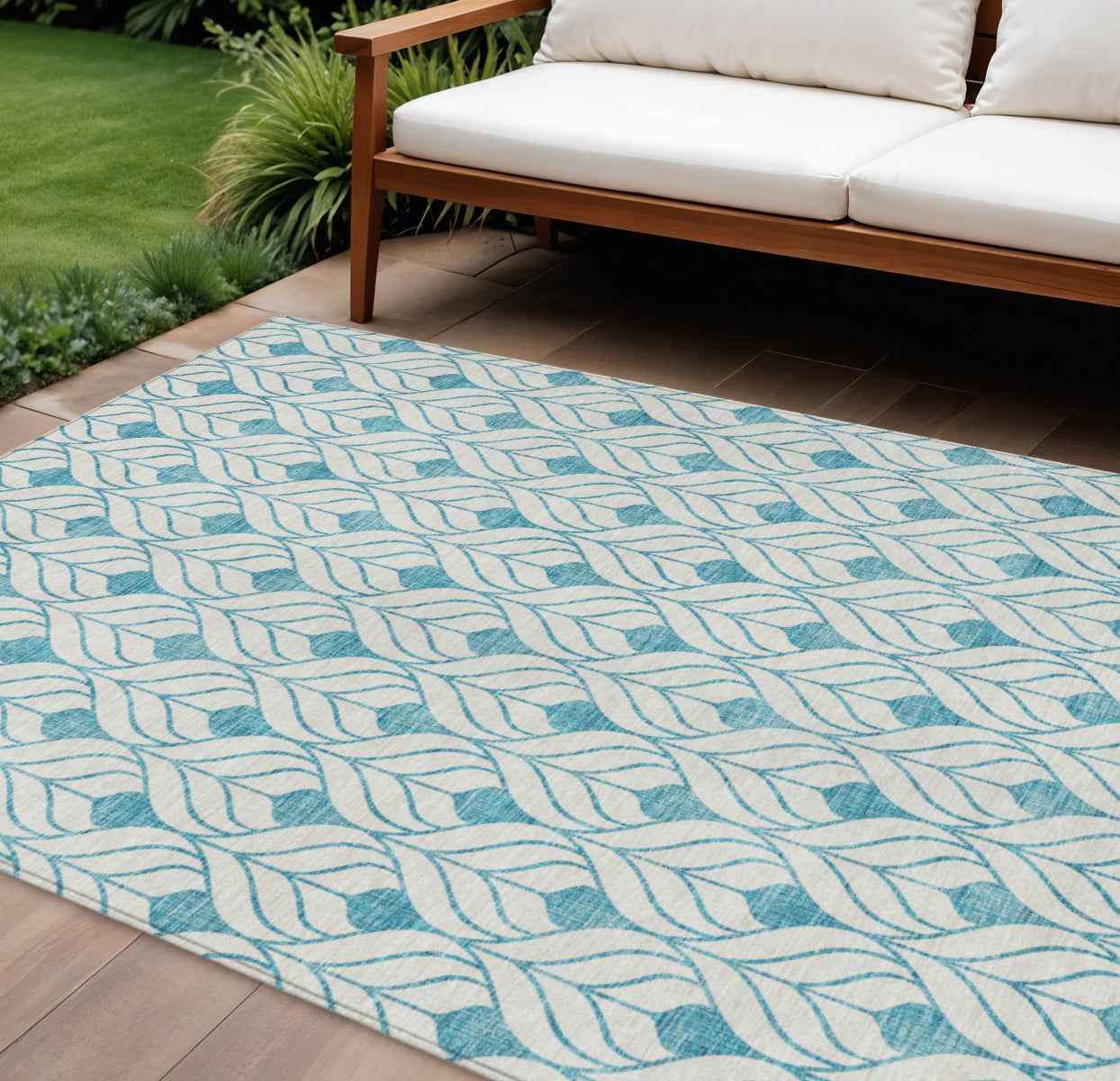 10' X 14' Teal Blue And Ivory Geometric Washable Indoor Outdoor Area Rug