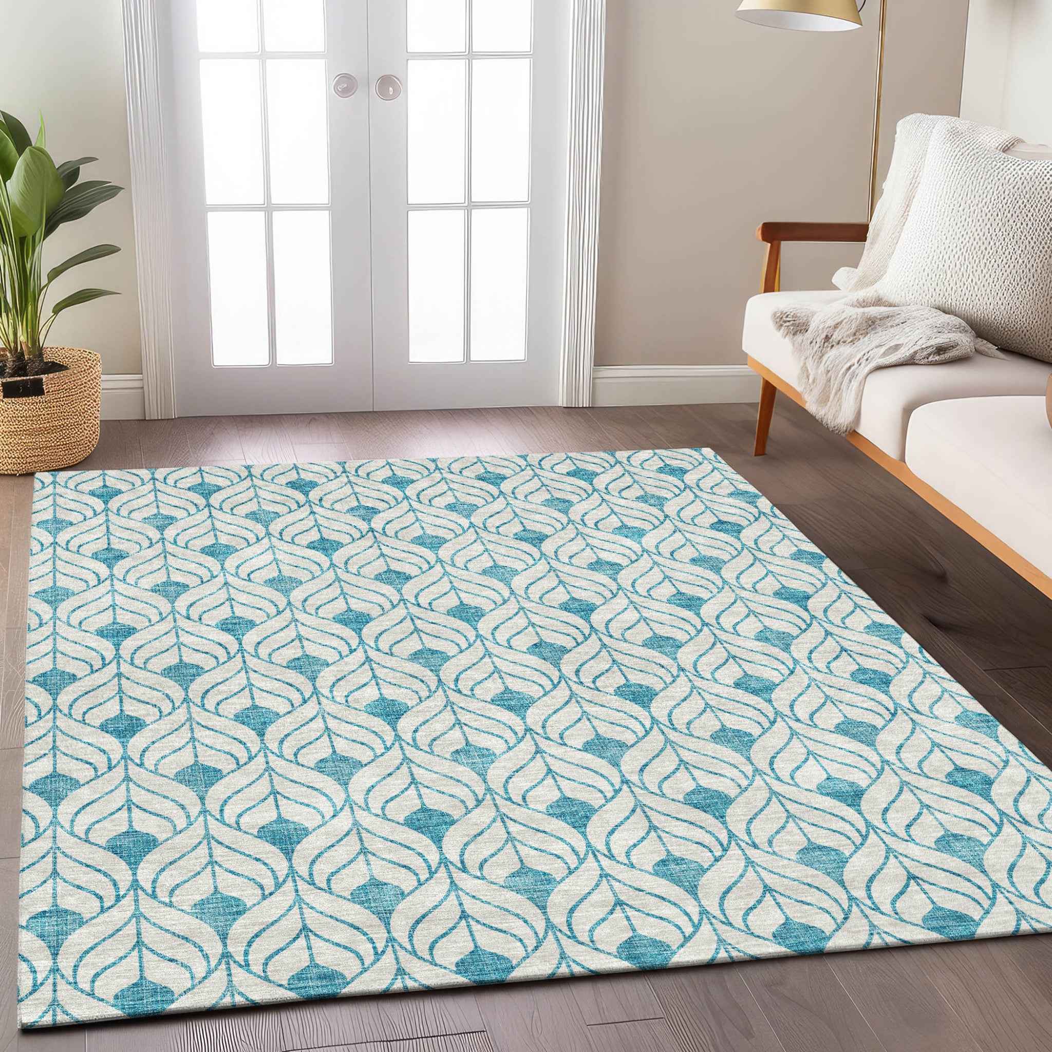 10' X 14' Teal Blue And Ivory Geometric Washable Indoor Outdoor Area Rug
