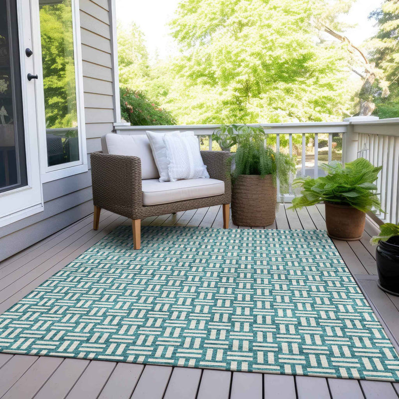 3' X 5' Teal Blue And Gray Geometric Washable Indoor Outdoor Area Rug