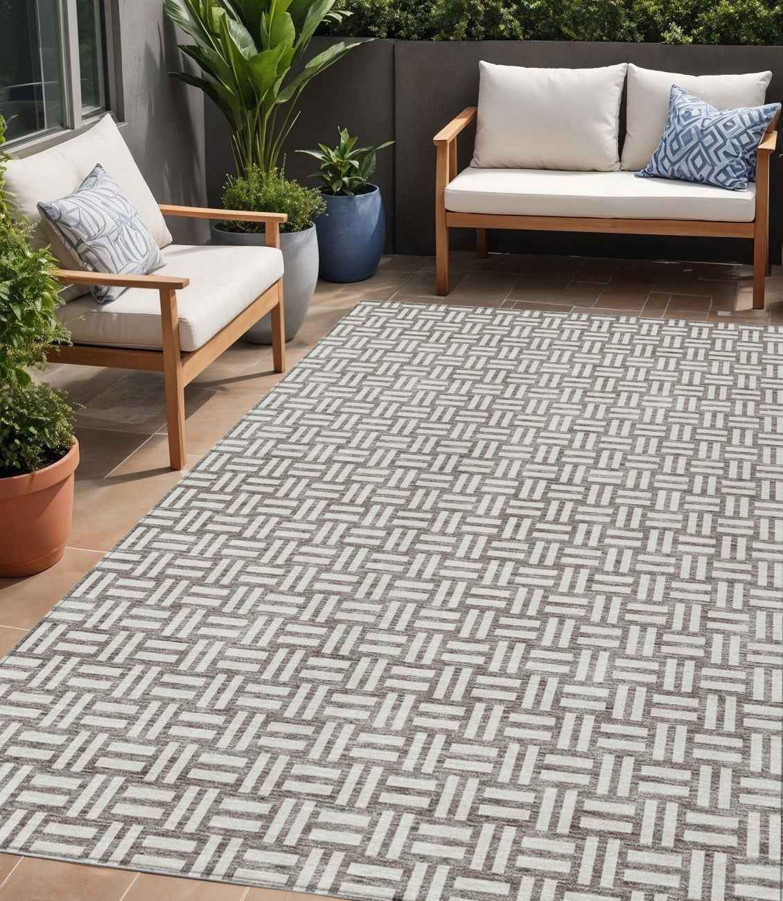 5' X 8' Taupe And Gray Geometric Washable Indoor Outdoor Area Rug