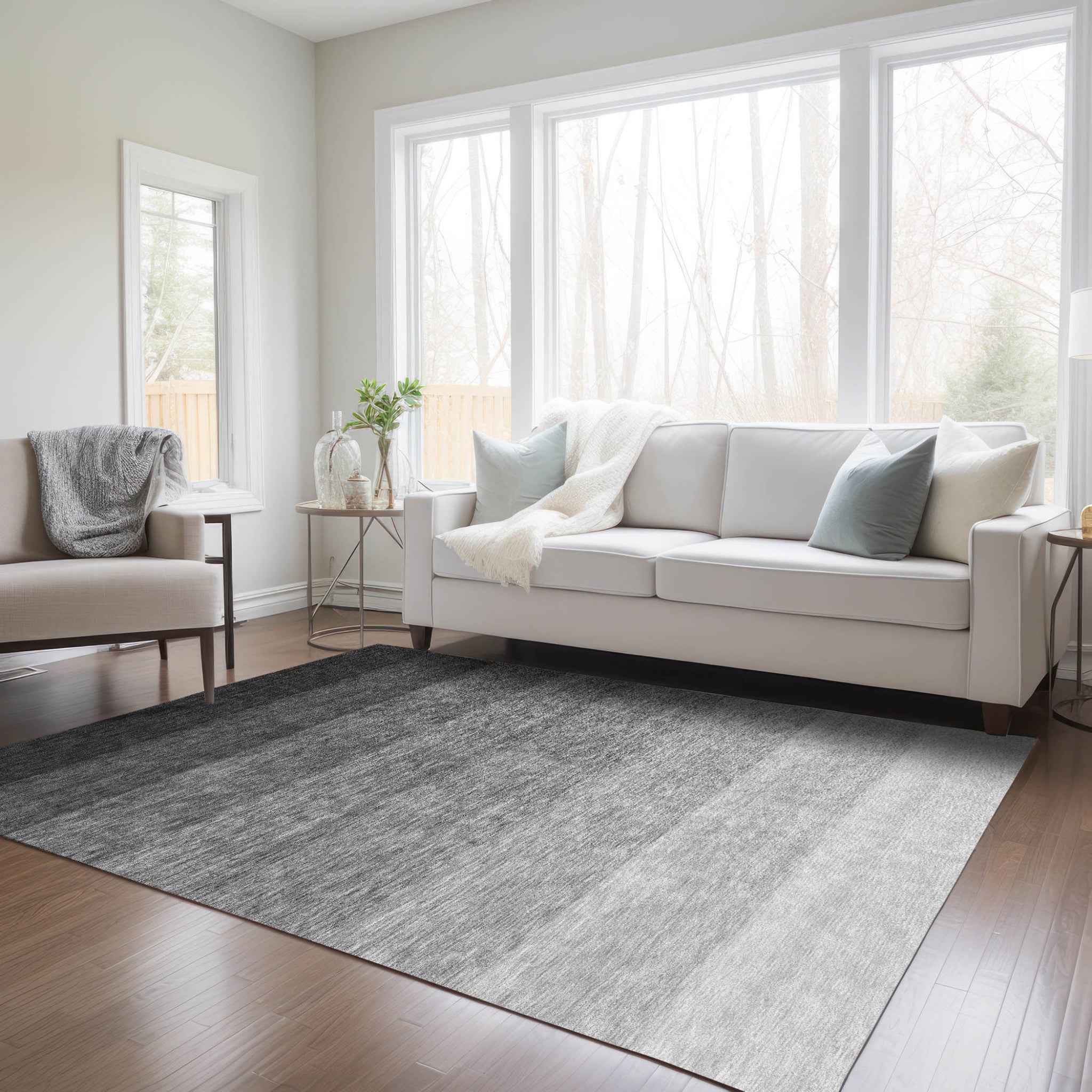 10' X 14' Black And Ivory Ombre Washable Indoor Outdoor Area Rug