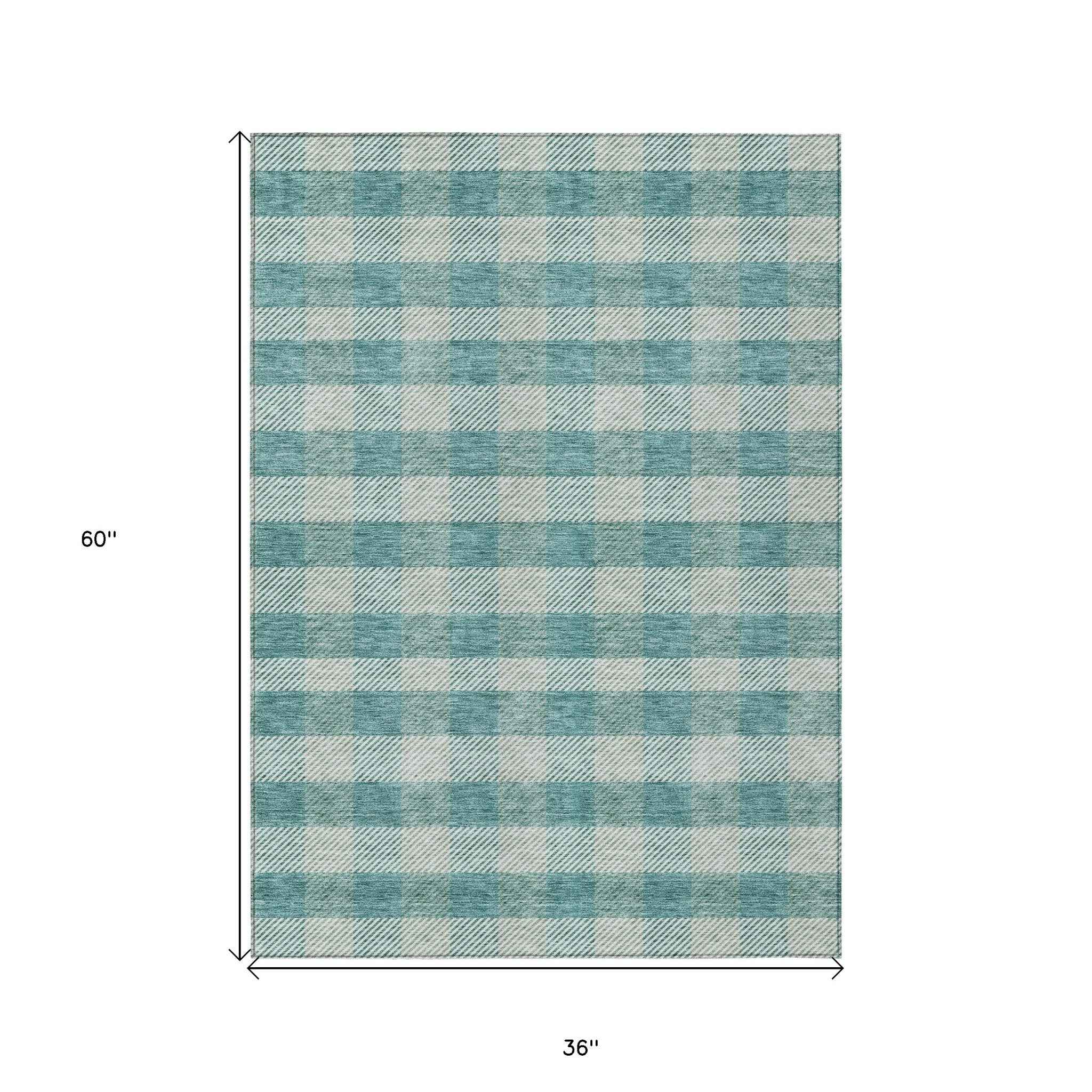 3' X 5' Teal Blue And Ivory Plaid Washable Indoor Outdoor Area Rug