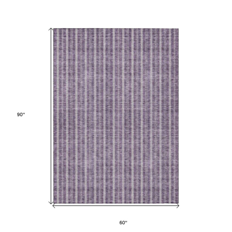 5' X 8' Purple And Ivory Striped Washable Indoor Outdoor Area Rug