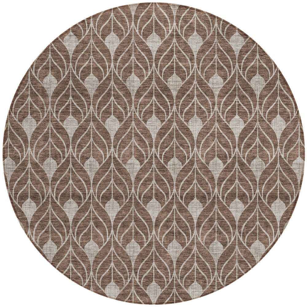 8' Chocolate And Beige Round Geometric Washable Indoor Outdoor Area Rug