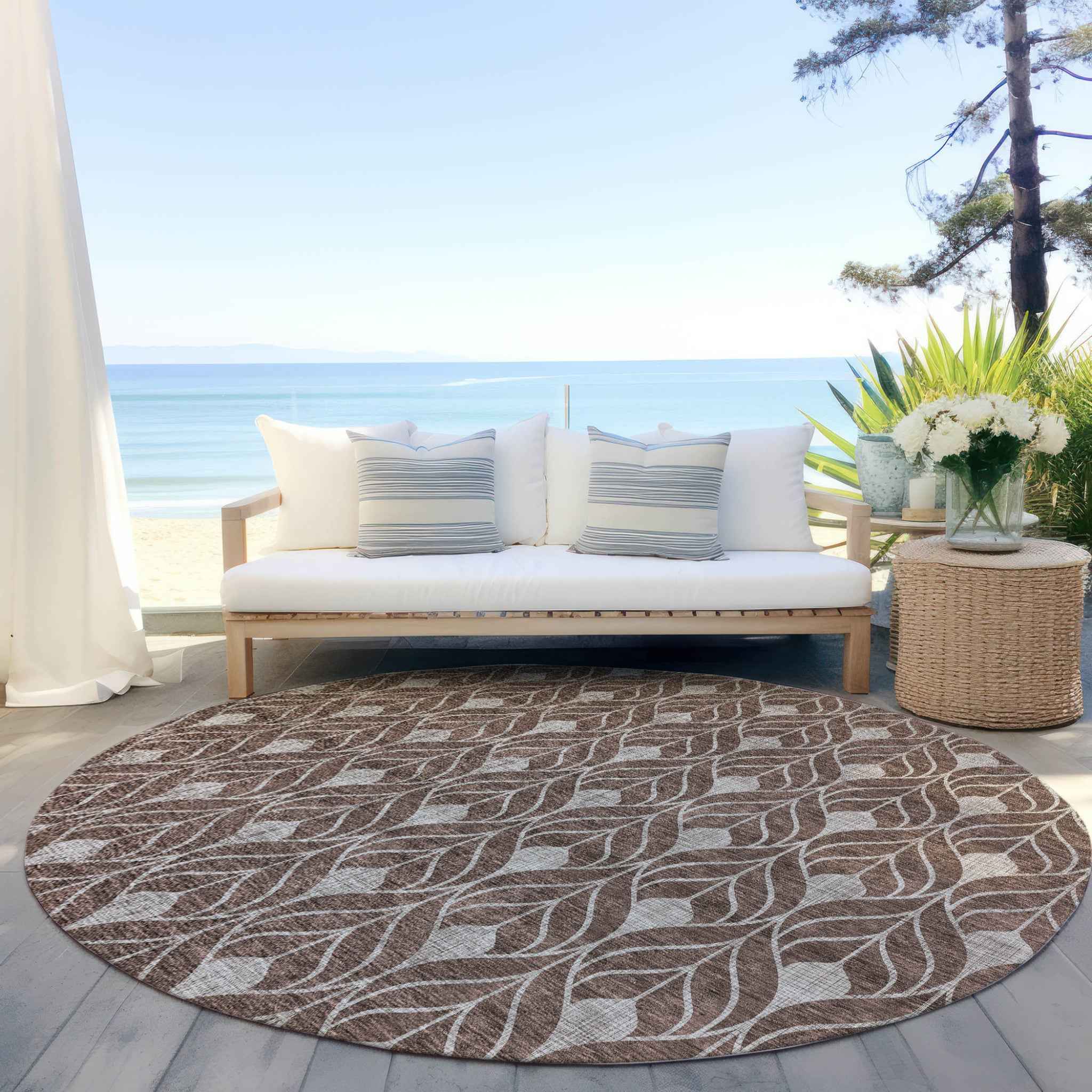 8' Chocolate And Beige Round Geometric Washable Indoor Outdoor Area Rug