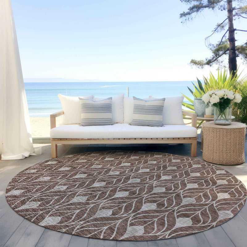 8' Chocolate And Beige Round Geometric Washable Indoor Outdoor Area Rug