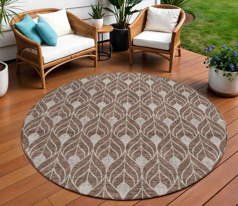 8' Chocolate And Beige Round Geometric Washable Indoor Outdoor Area Rug