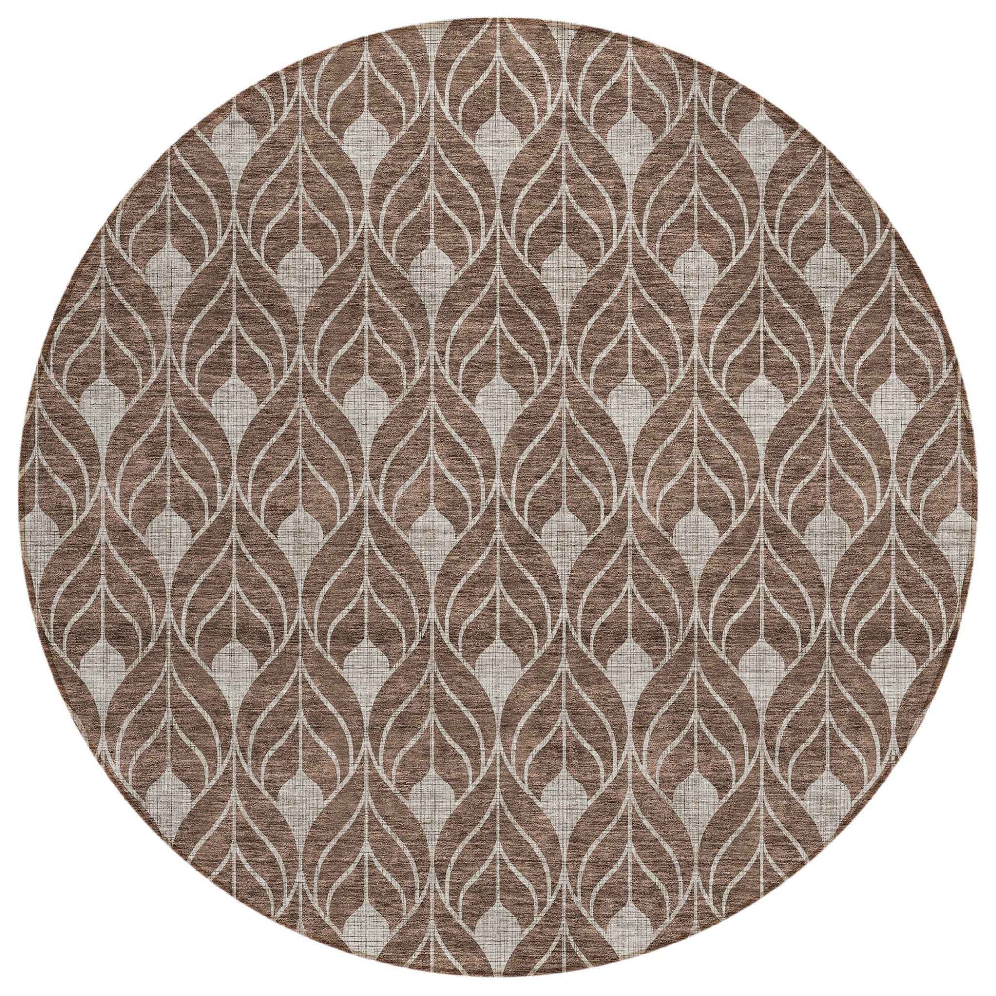 8' Chocolate And Beige Round Geometric Washable Indoor Outdoor Area Rug