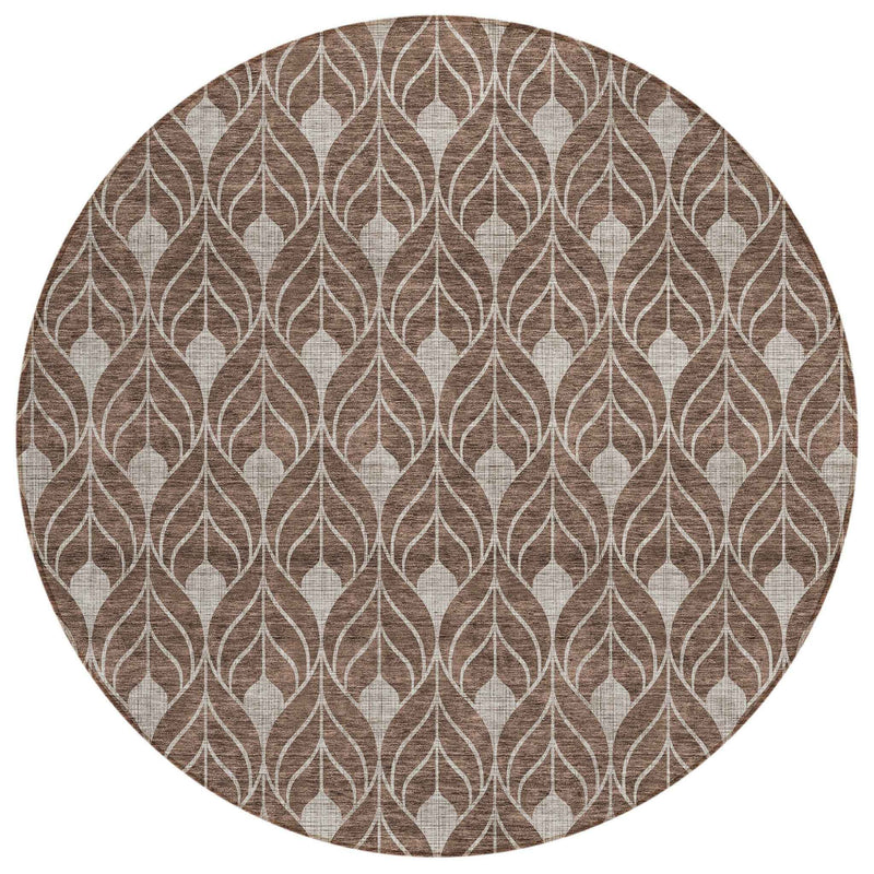 8' Chocolate And Beige Round Geometric Washable Indoor Outdoor Area Rug