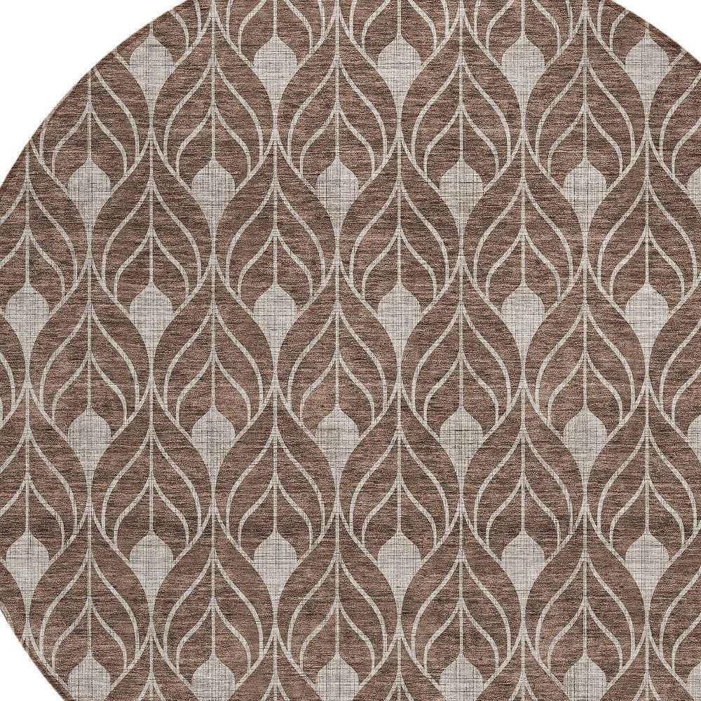 8' Chocolate And Beige Round Geometric Washable Indoor Outdoor Area Rug