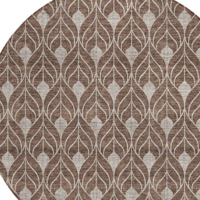 8' Chocolate And Beige Round Geometric Washable Indoor Outdoor Area Rug