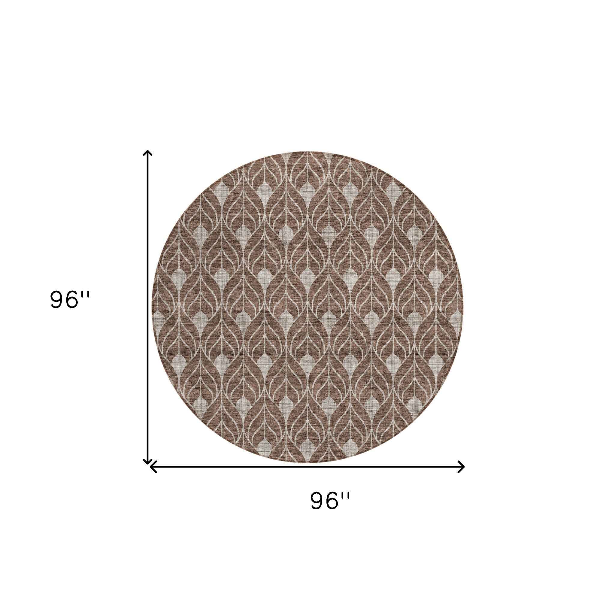 8' Chocolate And Beige Round Geometric Washable Indoor Outdoor Area Rug