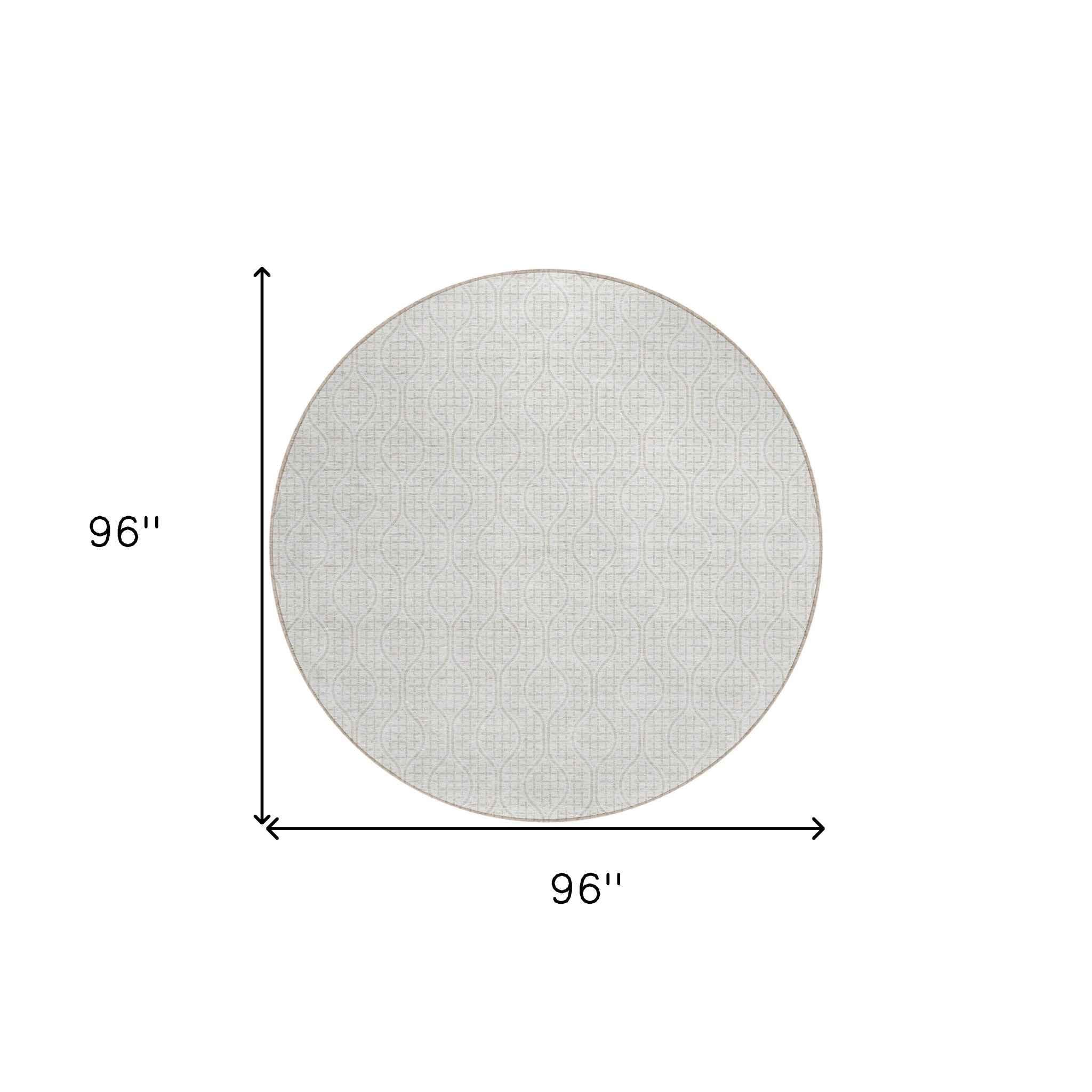 8' Ivory And Beige Round Geometric Washable Indoor Outdoor Area Rug
