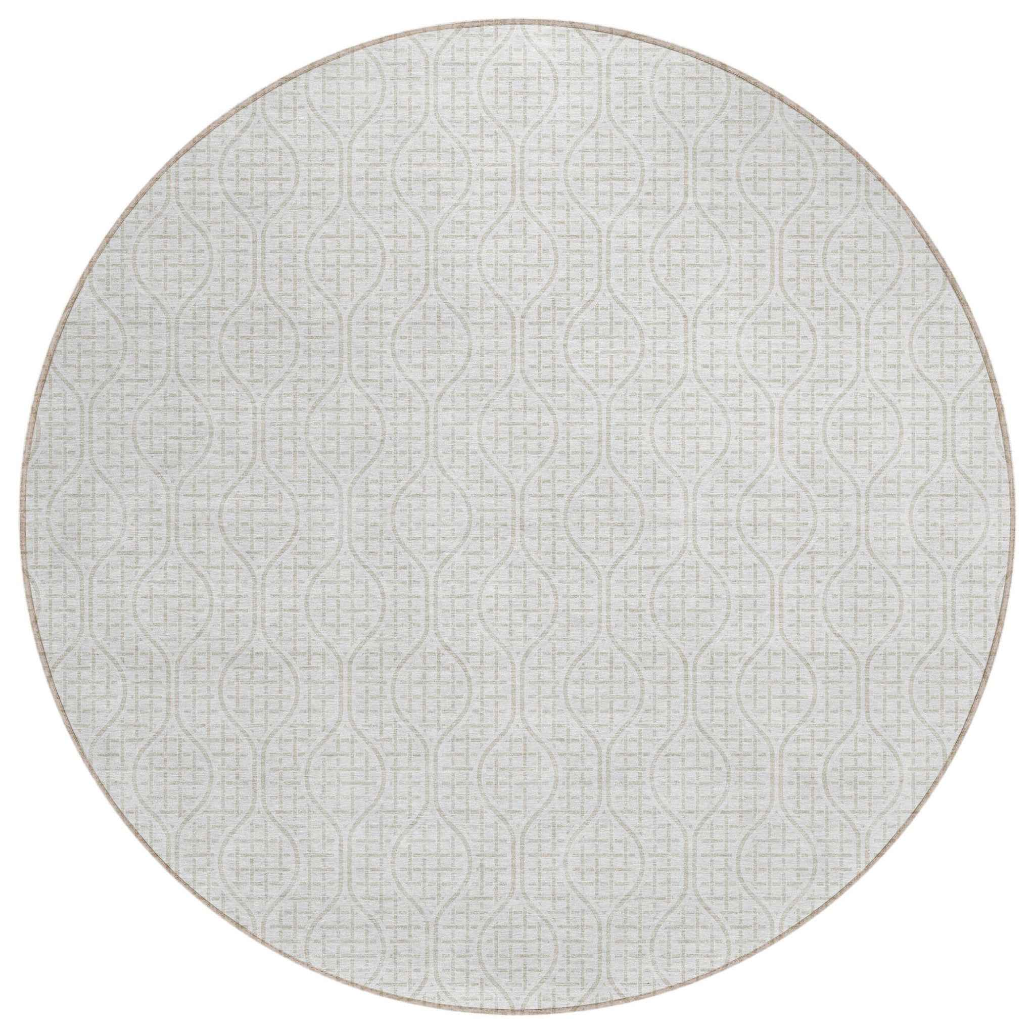 8' Ivory And Beige Round Geometric Washable Indoor Outdoor Area Rug
