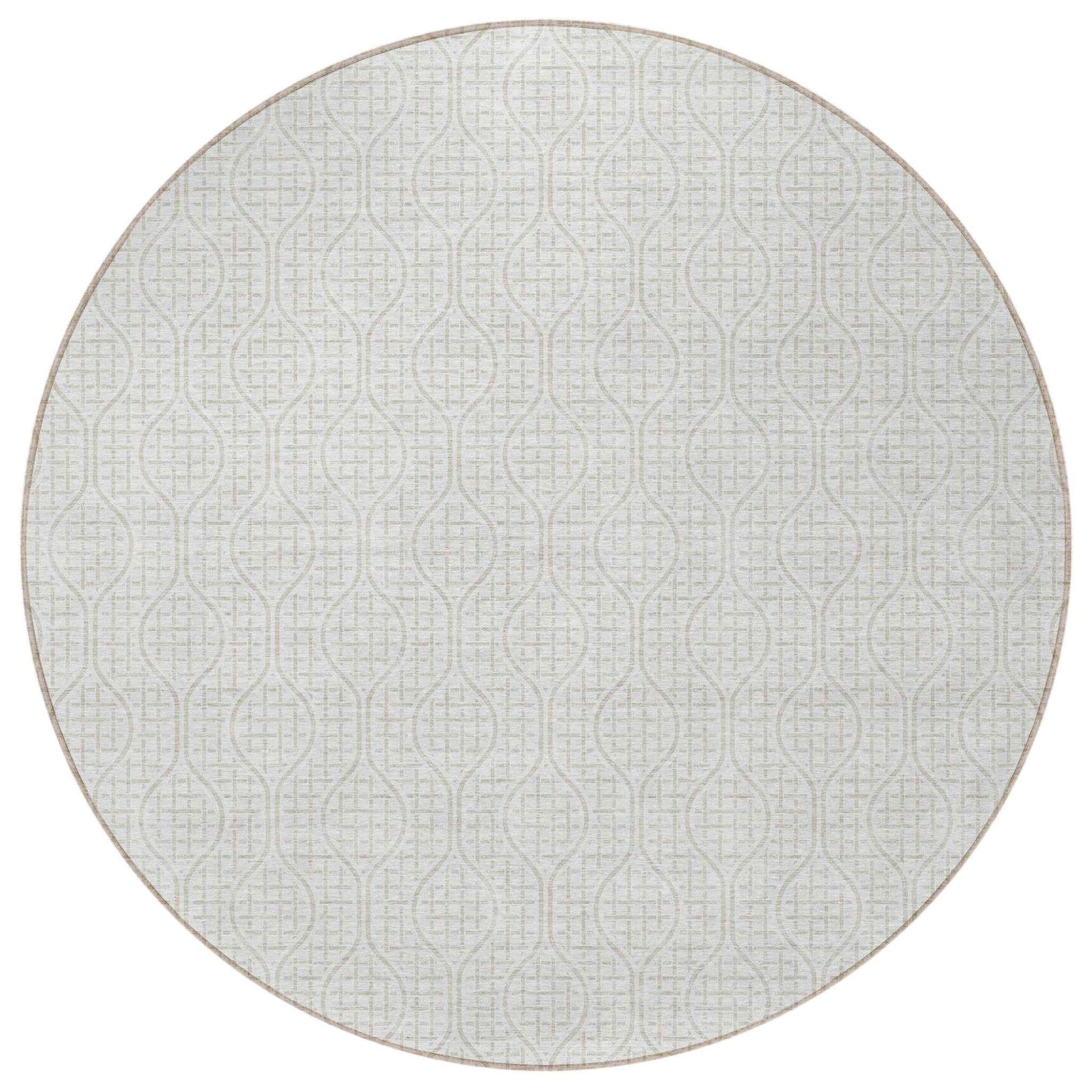 8' Ivory And Beige Round Geometric Washable Indoor Outdoor Area Rug