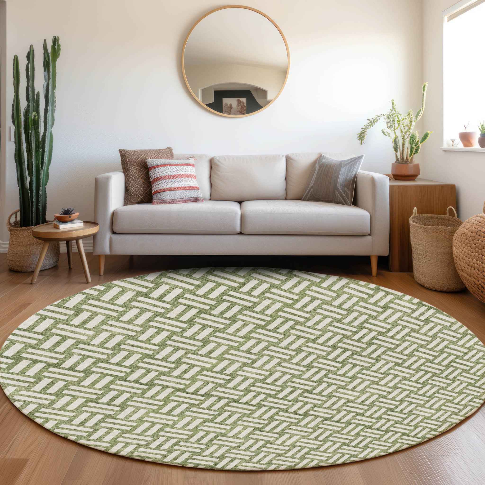 8' Green And Ivory Round Geometric Washable Indoor Outdoor Area Rug
