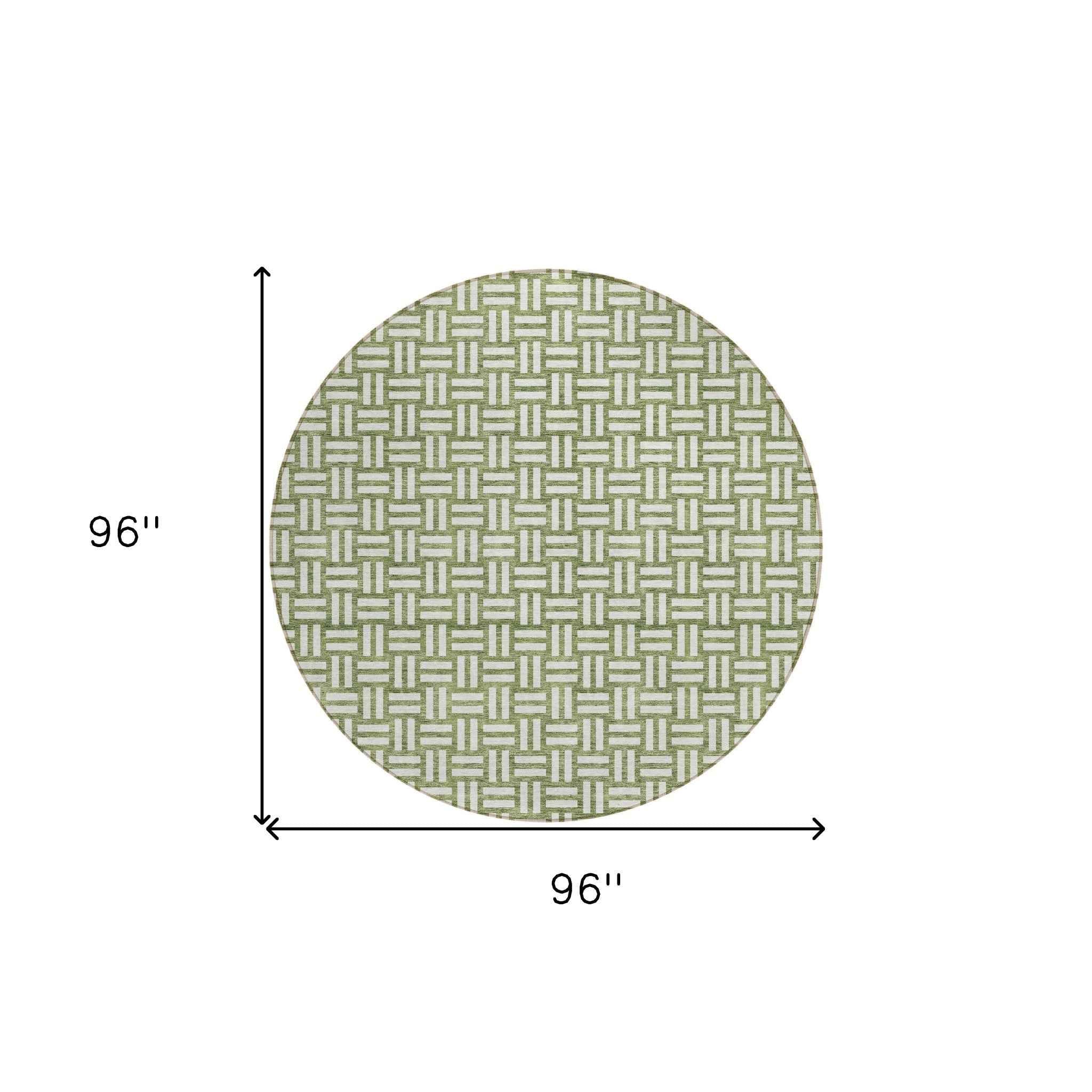 8' Green And Ivory Round Geometric Washable Indoor Outdoor Area Rug