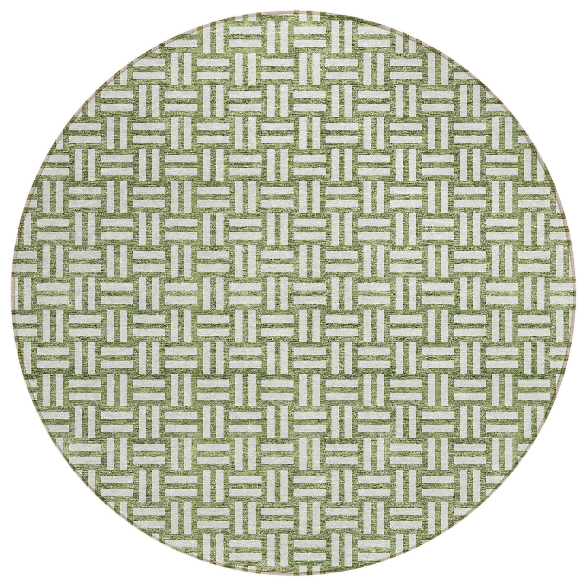 8' Green And Ivory Round Geometric Washable Indoor Outdoor Area Rug