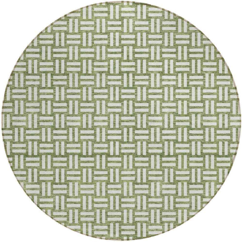 8' Green And Ivory Round Geometric Washable Indoor Outdoor Area Rug