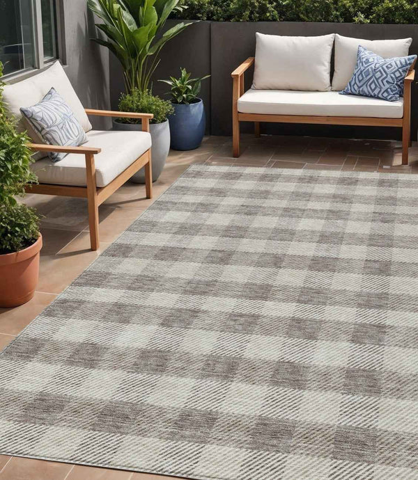 5' X 8' Taupe And Gray Plaid Washable Indoor Outdoor Area Rug