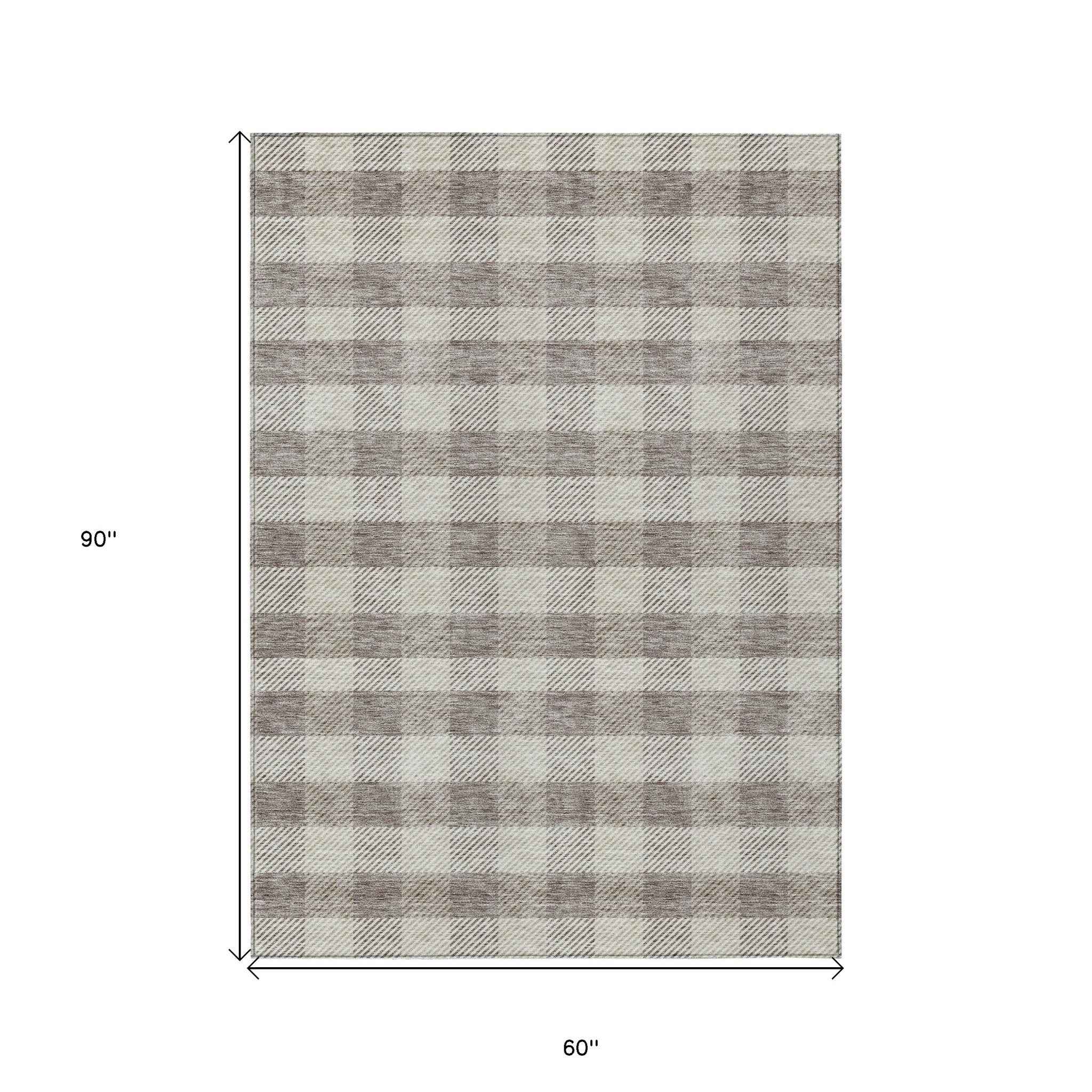 5' X 8' Taupe And Gray Plaid Washable Indoor Outdoor Area Rug