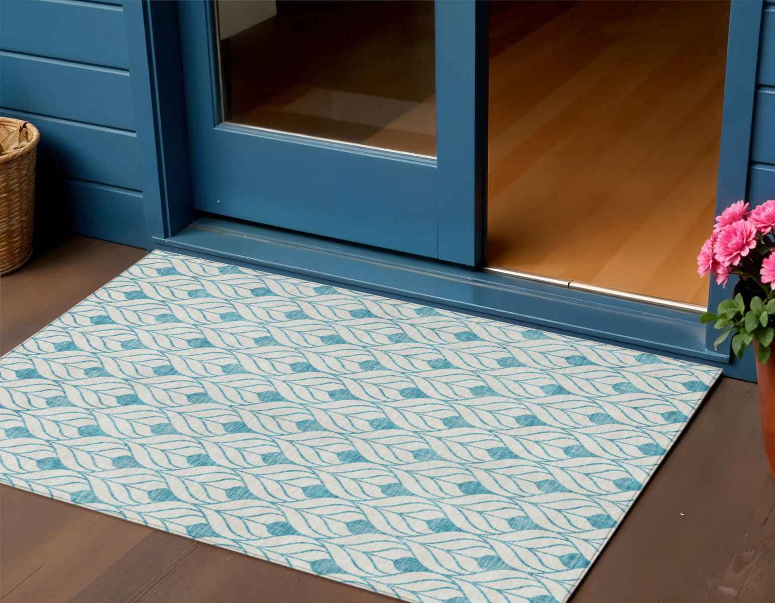 3' X 5' Teal Blue And Ivory Geometric Washable Indoor Outdoor Area Rug