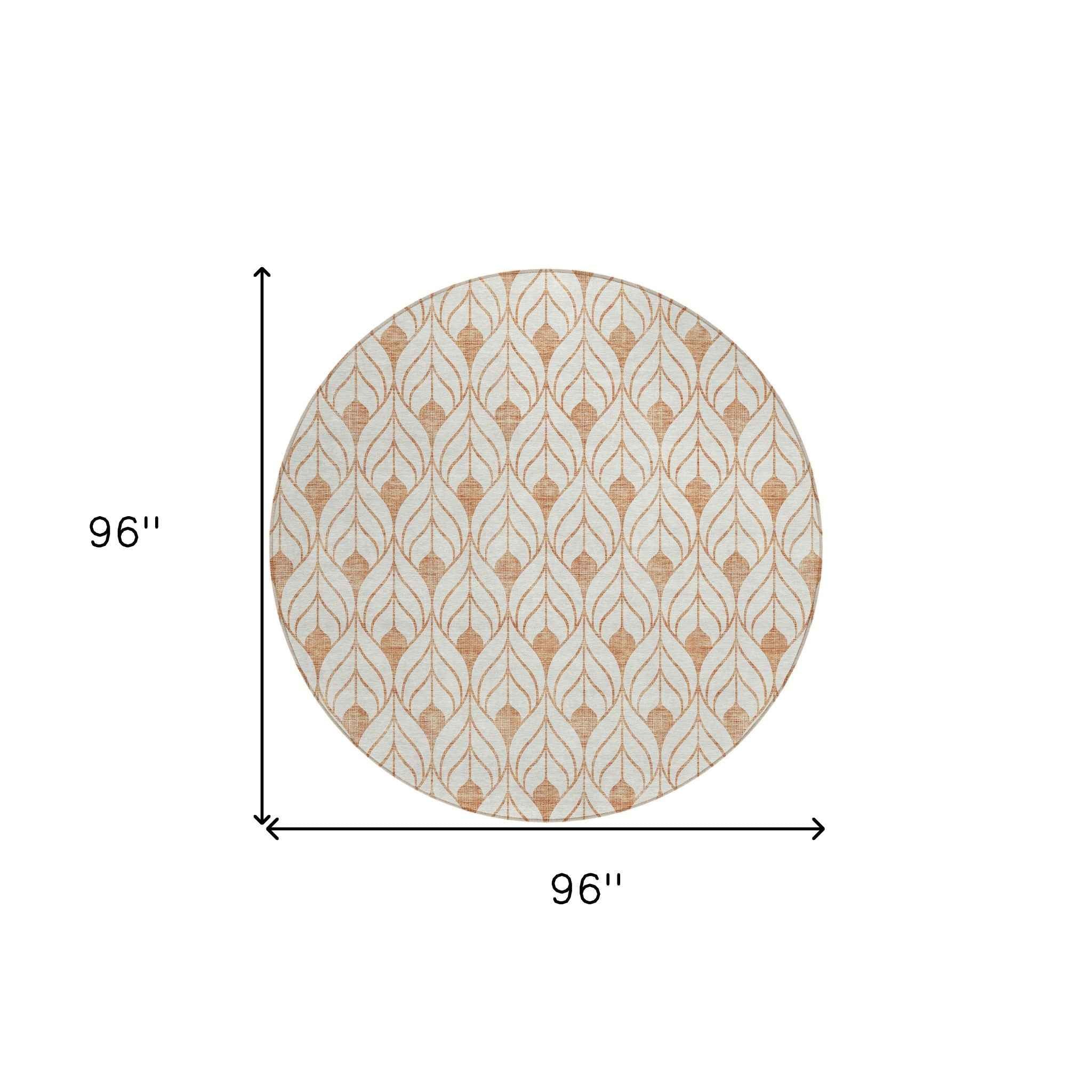 8' Salmon And Beige Round Geometric Washable Indoor Outdoor Area Rug