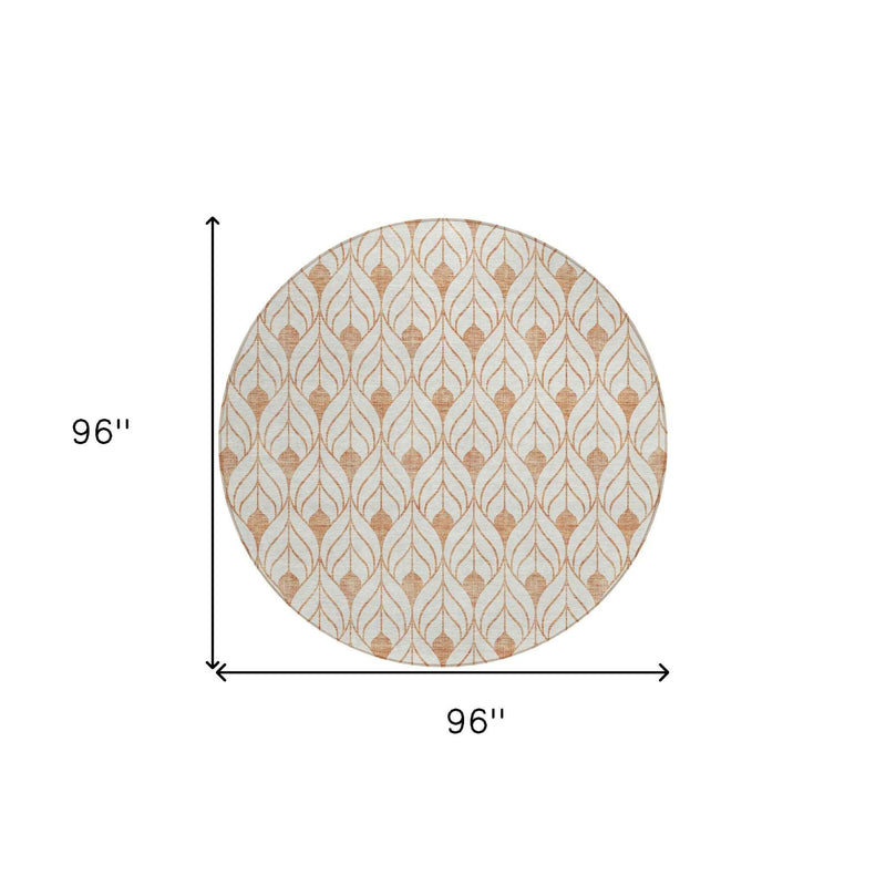 8' Salmon And Beige Round Geometric Washable Indoor Outdoor Area Rug