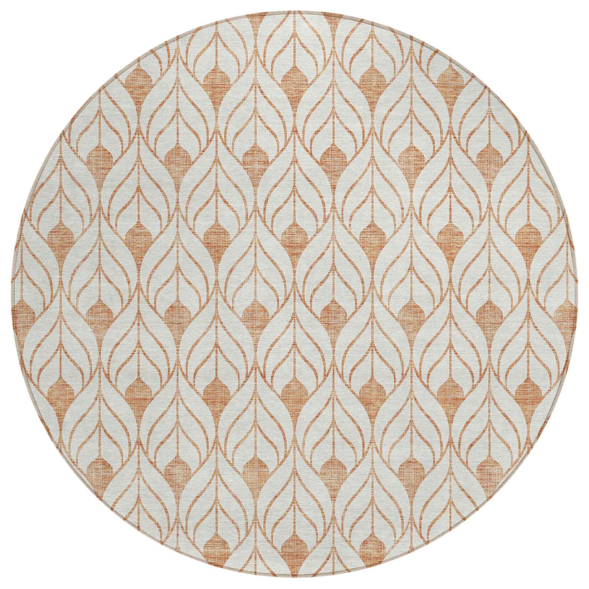 8' Salmon And Beige Round Geometric Washable Indoor Outdoor Area Rug