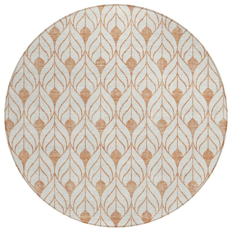 8' Salmon And Beige Round Geometric Washable Indoor Outdoor Area Rug