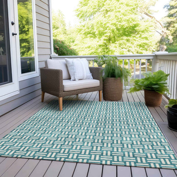 9' X 12' Teal Blue And Gray Geometric Washable Indoor Outdoor Area Rug